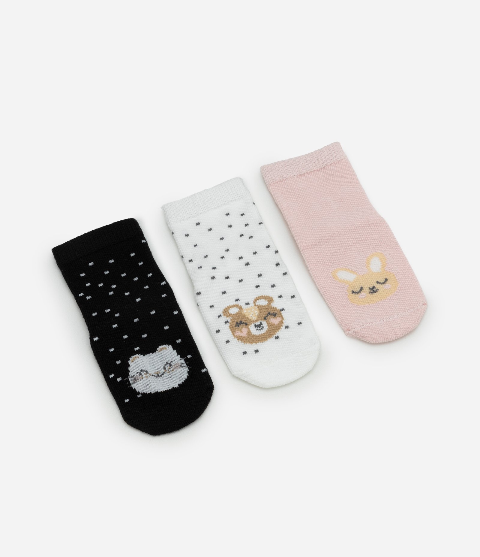 Kit 03 Meias Infantil com Estampa Cara de Bicho – Tam RN a 12 Meses Preto/Branco/Rosa 1