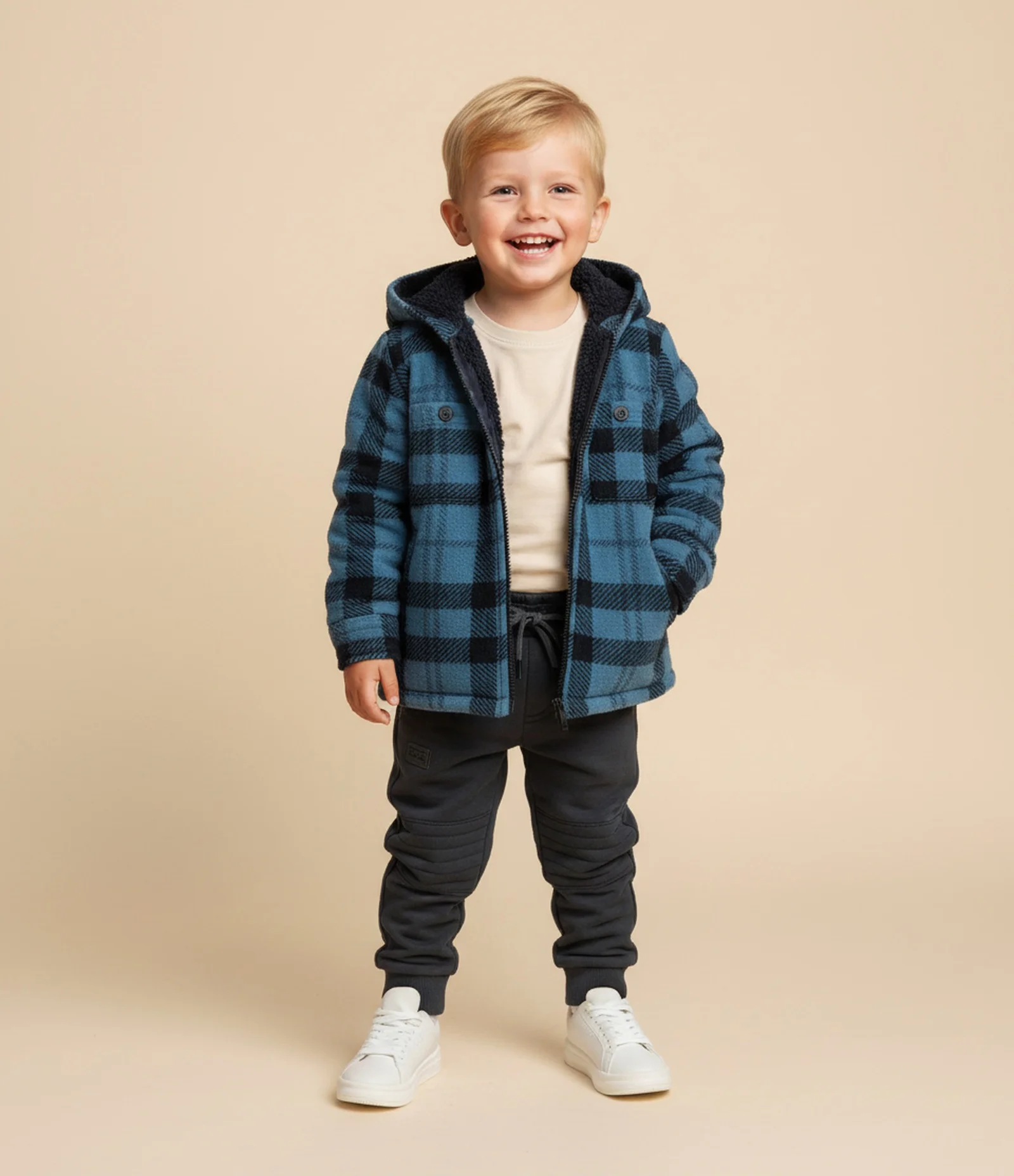 Jaqueta Infantil em Sherpa Xadrez com Capuz – Tam 1 a 6 Anos Azul/Preto 1
