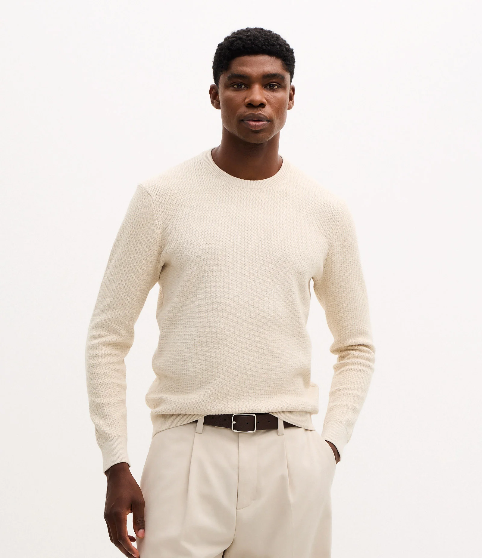 Suéter em Algodão Texturizado Zig Zag Bege 1