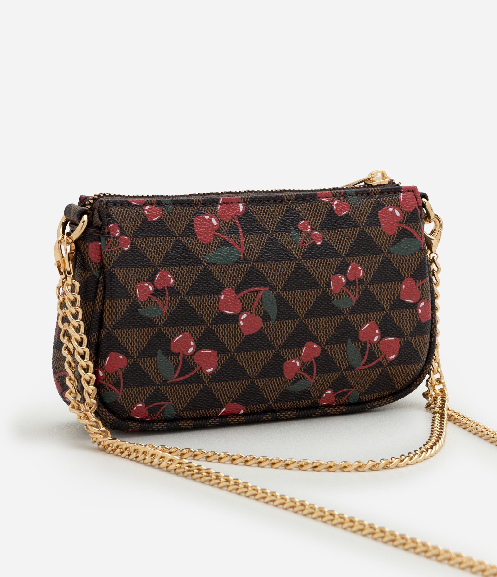 Bolsa Baguete Pequena em PU com Estampa de Cerejas Marrom 2