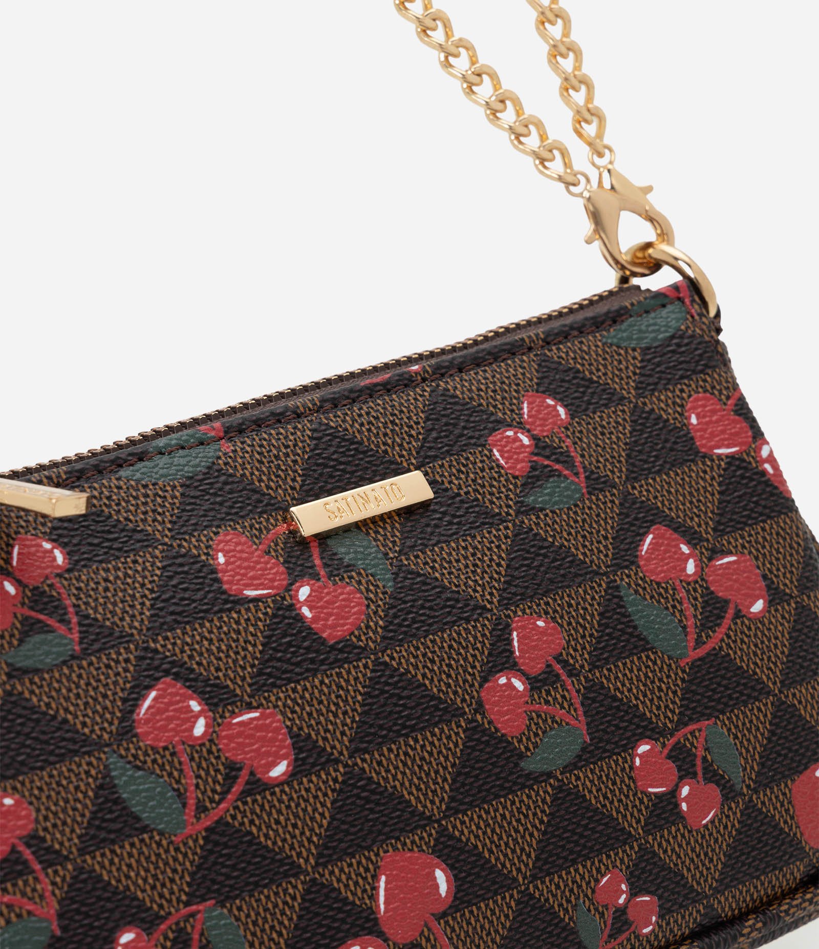 Bolsa Baguete Pequena em PU com Estampa de Cerejas Marrom 3