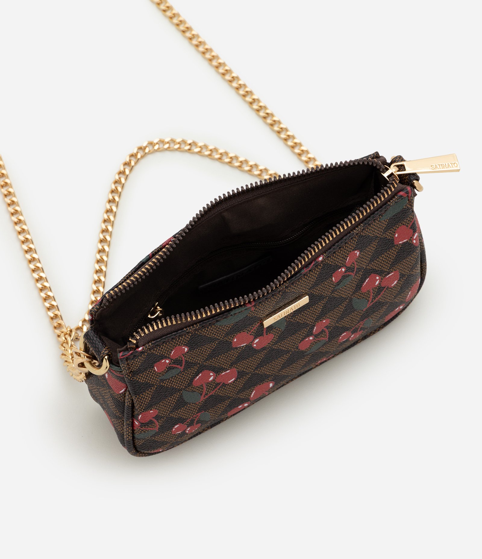 Bolsa Baguete Pequena em PU com Estampa de Cerejas Marrom 4