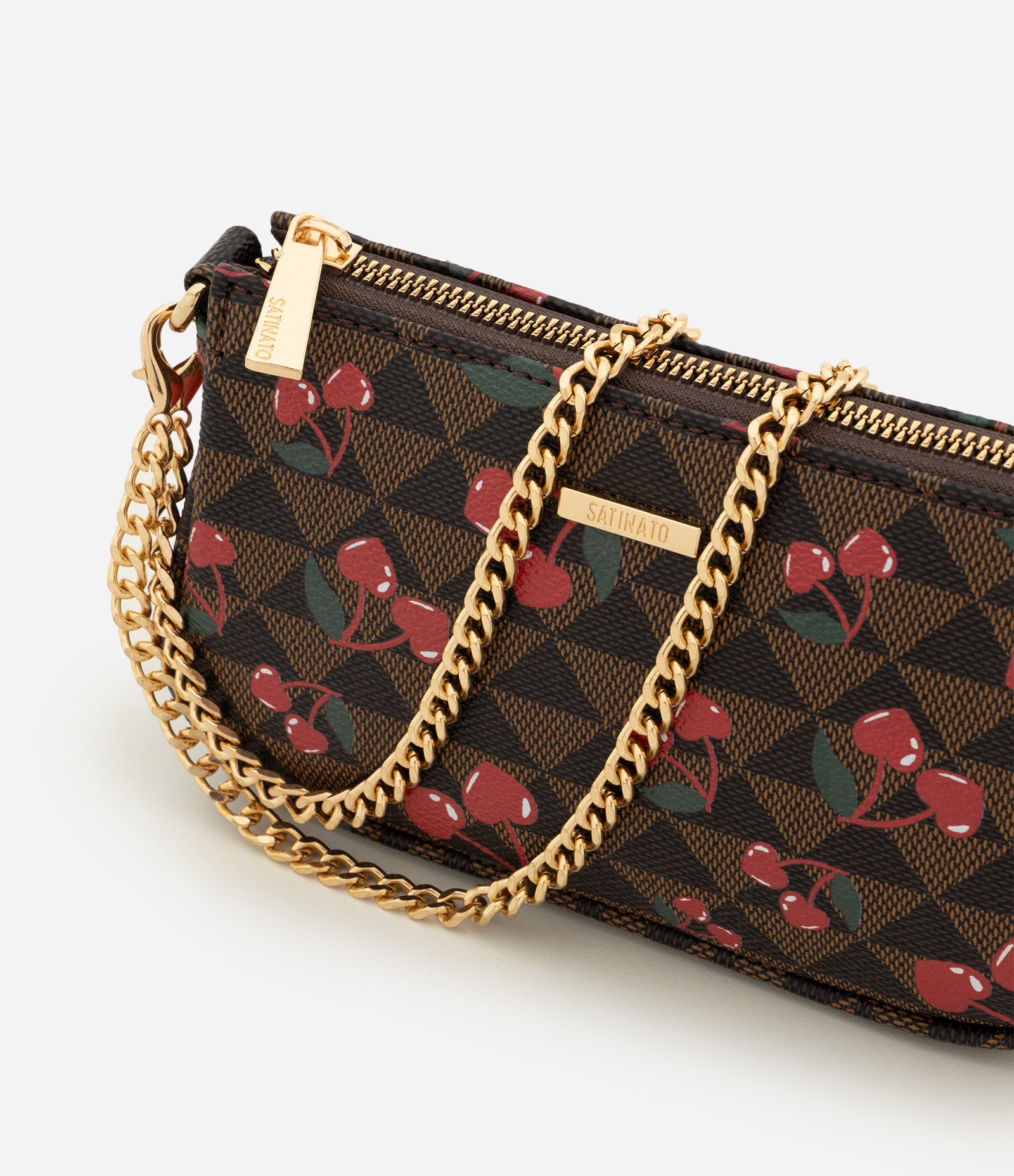 Bolsa Baguete Pequena em PU com Estampa de Cerejas Marrom 5