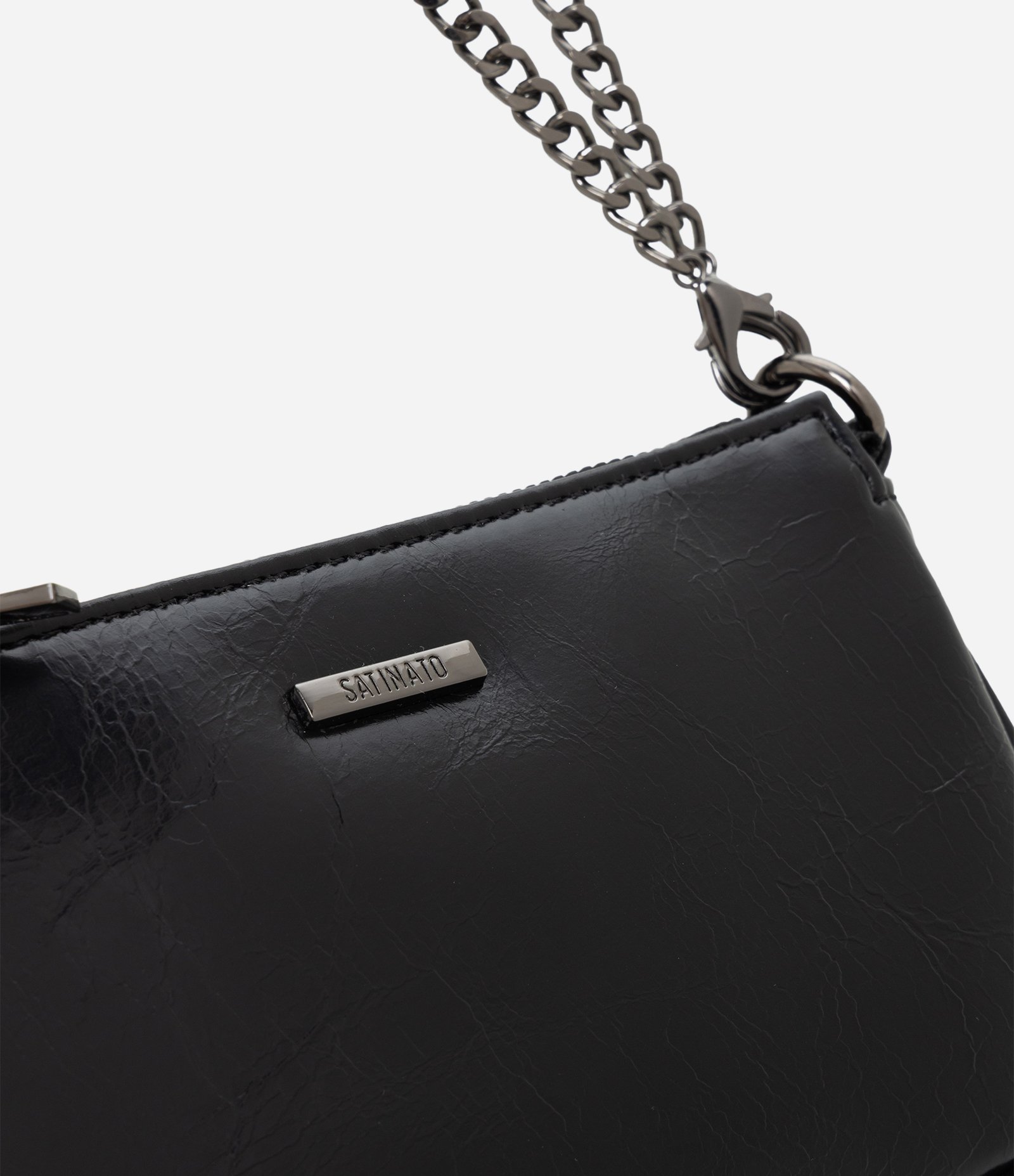 Bolsa Baguete Pequena em PU com Alça de Corrente Preto 2