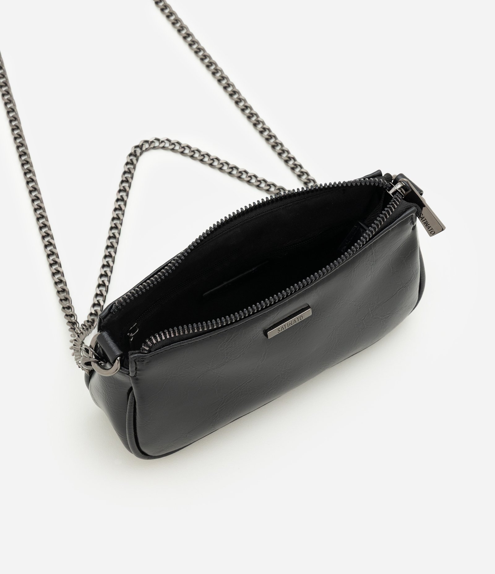 Bolsa Baguete Pequena em PU com Alça de Corrente Preto 3