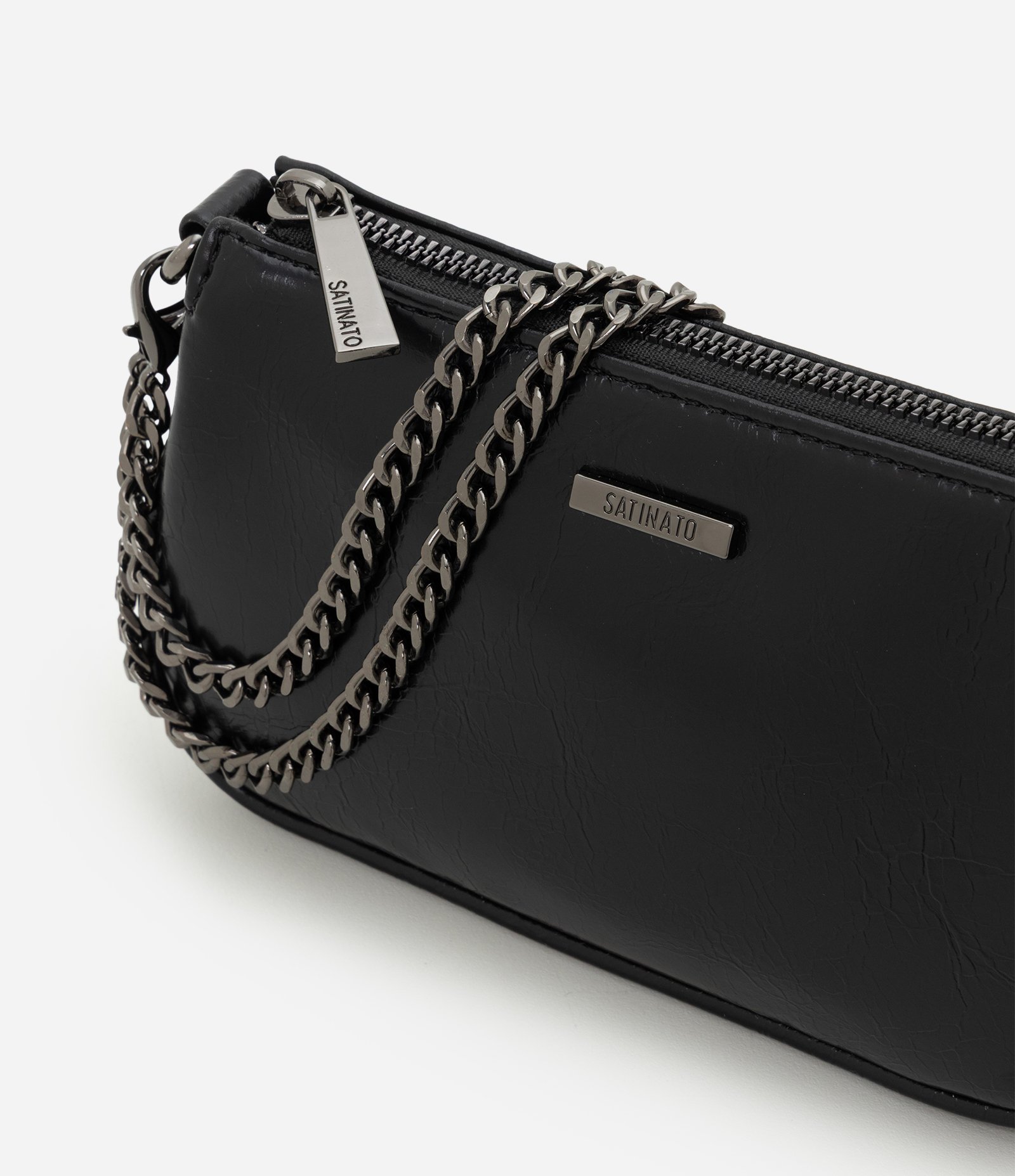 Bolsa Baguete Pequena em PU com Alça de Corrente Preto 4