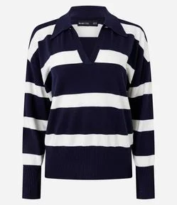 Suéter em Tricô Listrado com Gola Polo