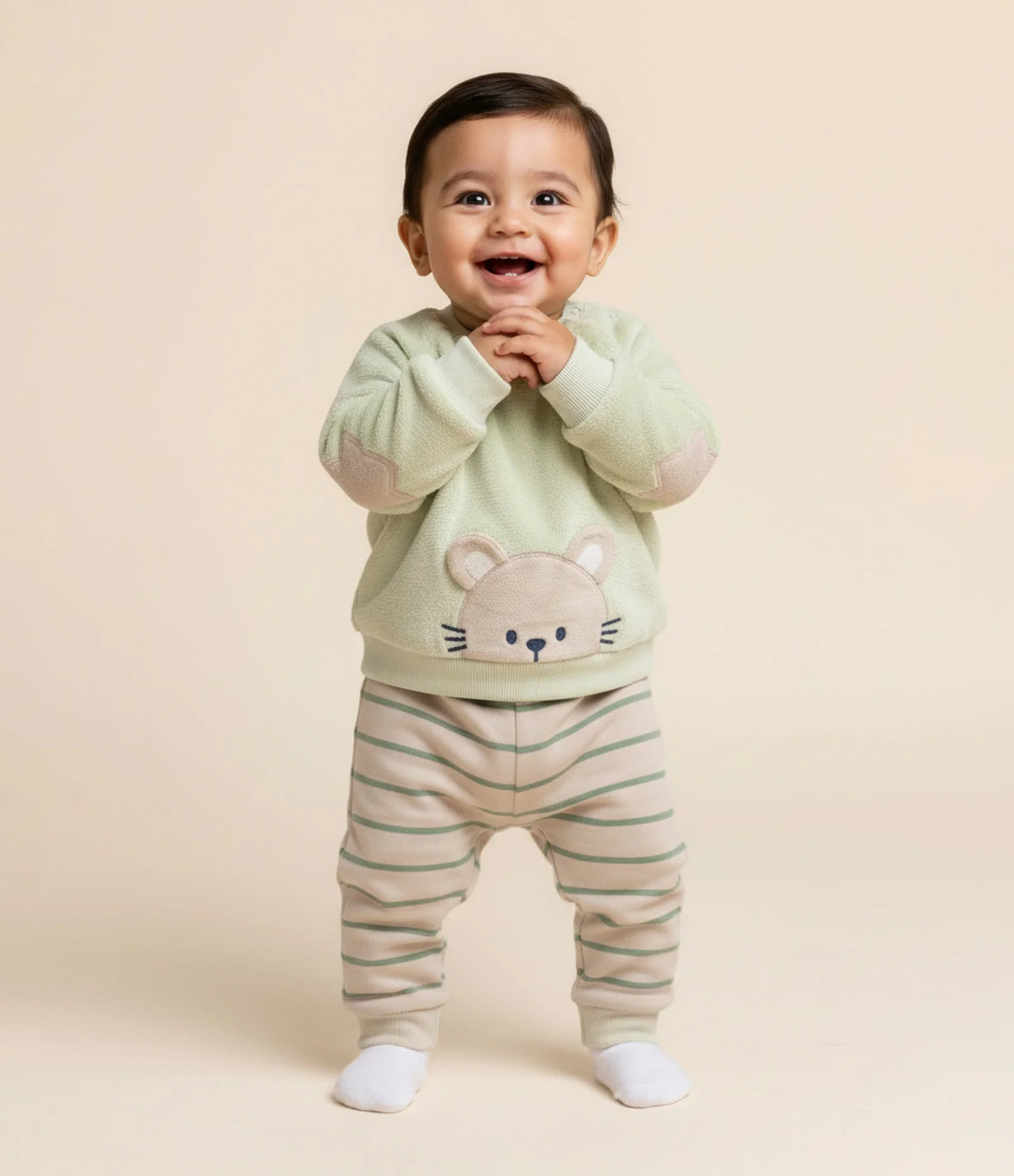 Conjunto Infantil com Casaco Ratinho e Calça Listrada – Tam 0 a 18 Meses Verde/Bege 1