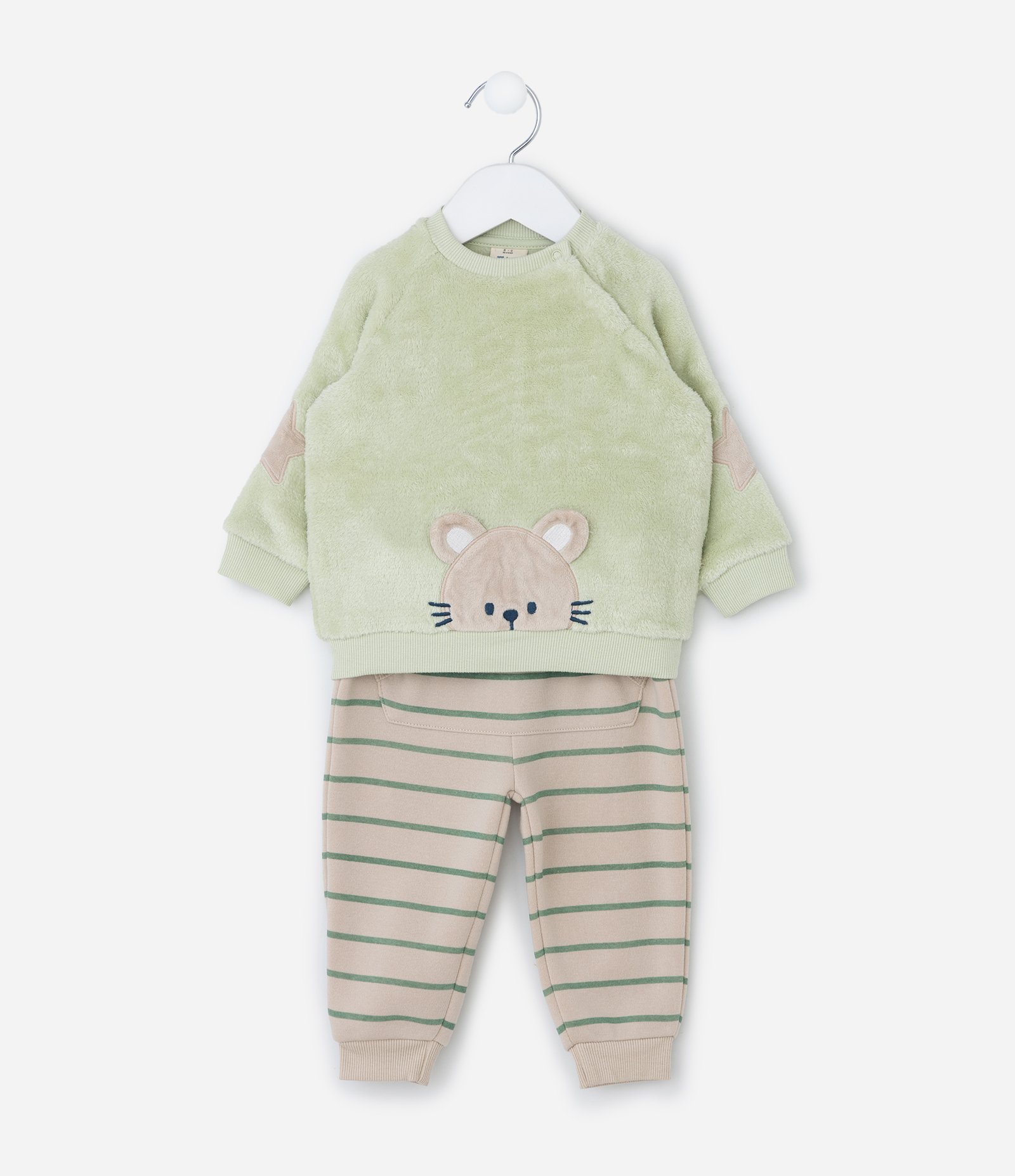 Conjunto Infantil com Casaco Ratinho e Calça Listrada – Tam 0 a 18 Meses Verde/Bege 2