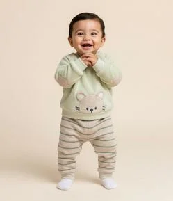 Conjunto Infantil com Casaco Ratinho e Calça Listrada – Tam 0 a 18 Meses