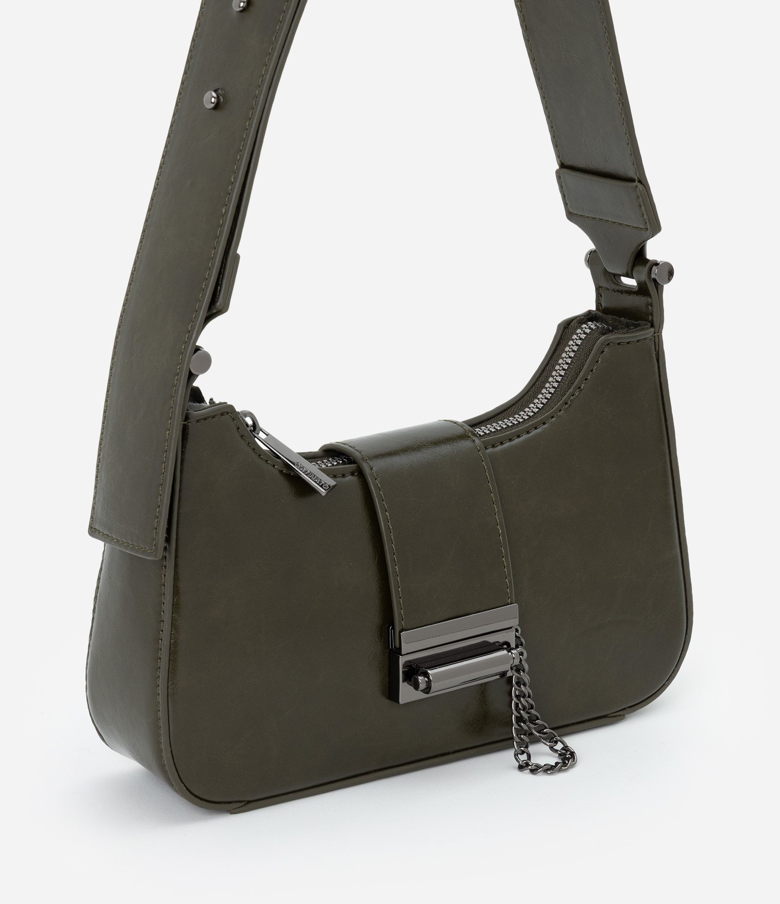 Bolsa Baguete Pequena em PU com Acabamento Glossy Verde 1