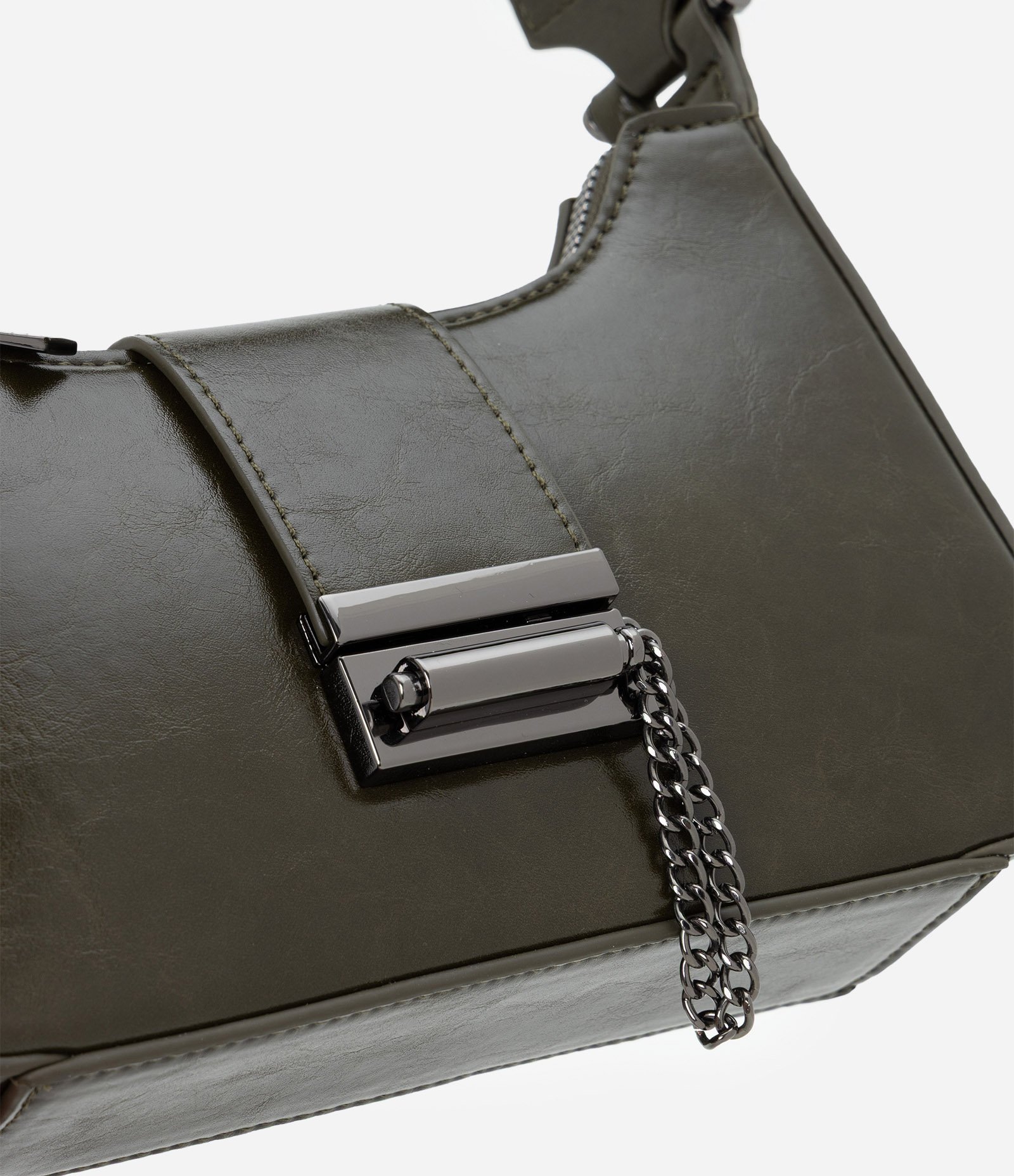 Bolsa Baguete Pequena em PU com Acabamento Glossy Verde 4