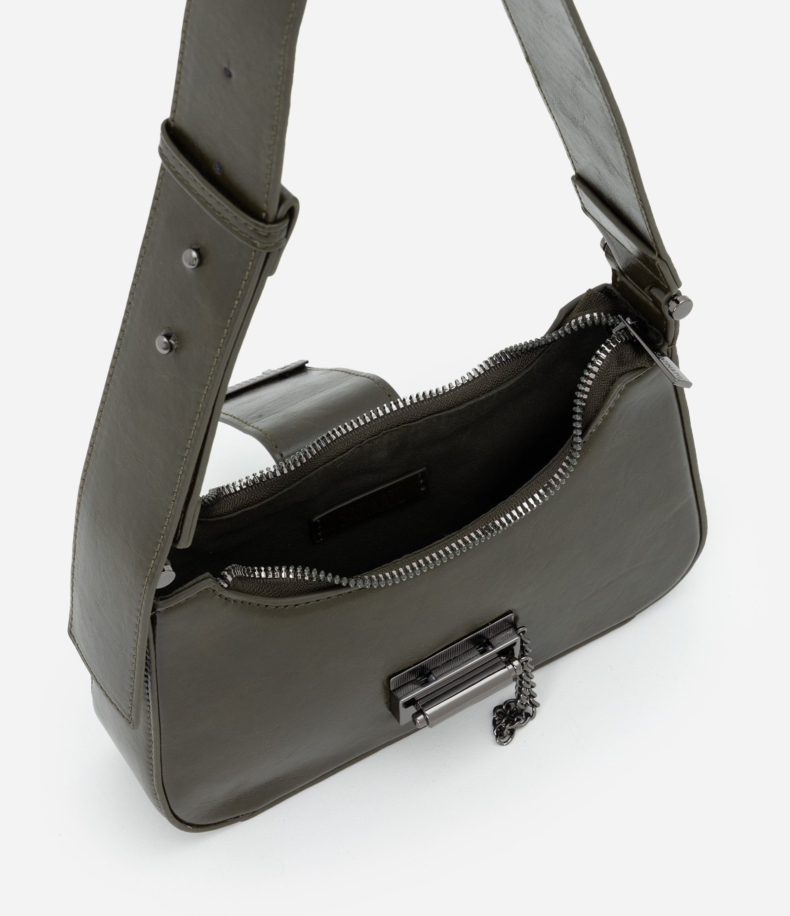 Bolsa Baguete Pequena em PU com Acabamento Glossy Verde 5