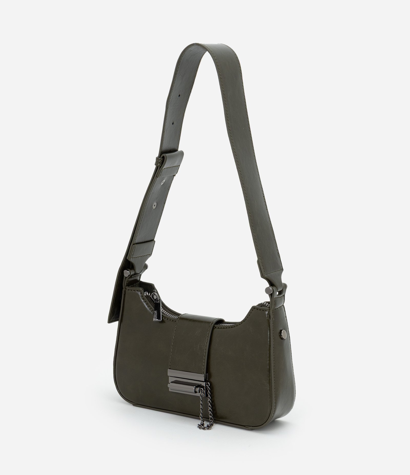 Bolsa Baguete Pequena em PU com Acabamento Glossy Verde 6