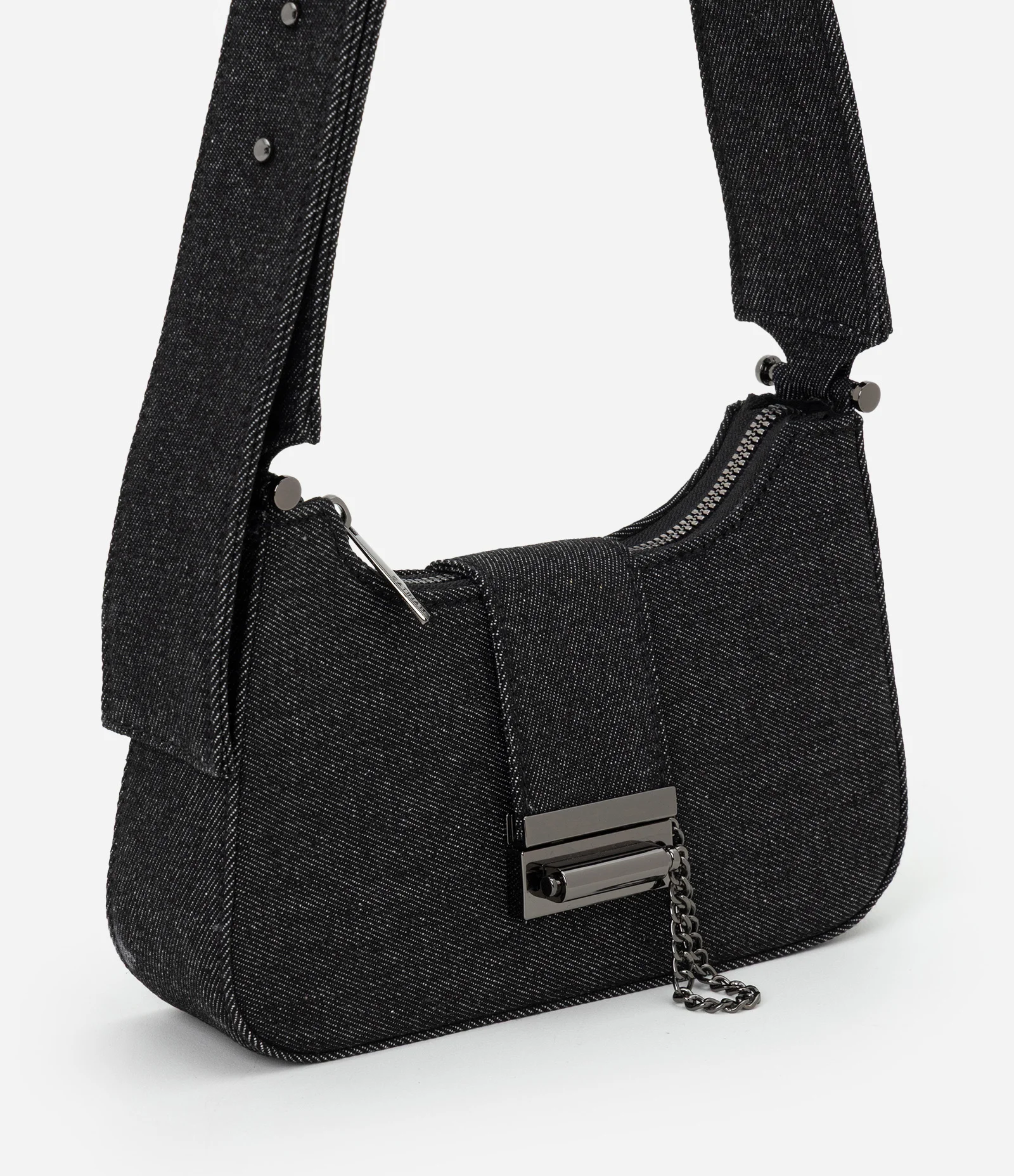 Bolsa Baguete Pequena em Sarja com Alça Larga Preto 1