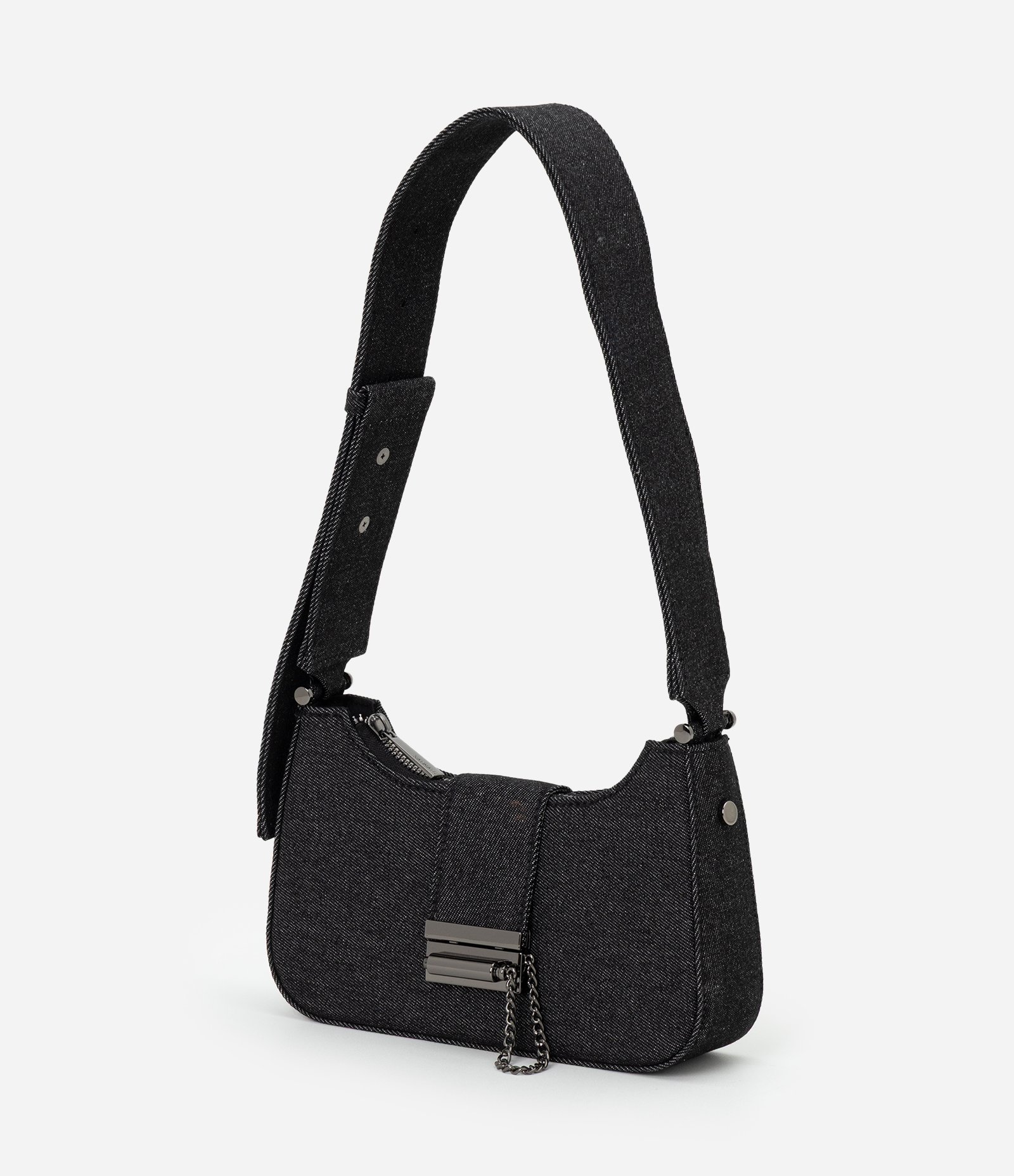 Bolsa Baguete Pequena em Sarja com Alça Larga Preto 5