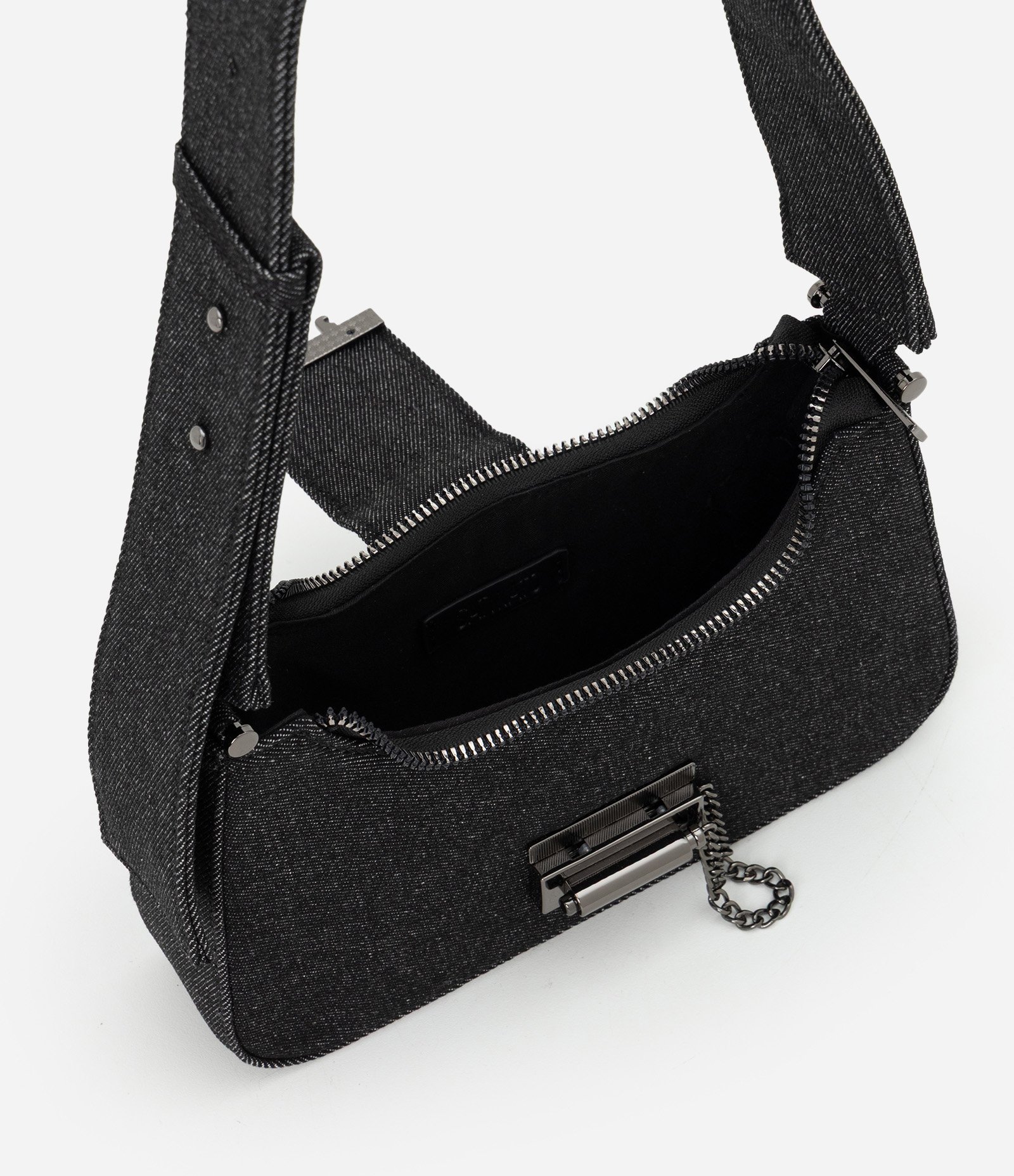 Bolsa Baguete Pequena em Sarja com Alça Larga Preto 6