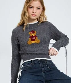 Blusa Cropped em Tricô com Estampa de Urso