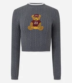 Blusa Cropped em Tricô com Estampa de Urso