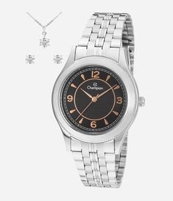 Kit Relógio Analógico Aço Feminino Champion