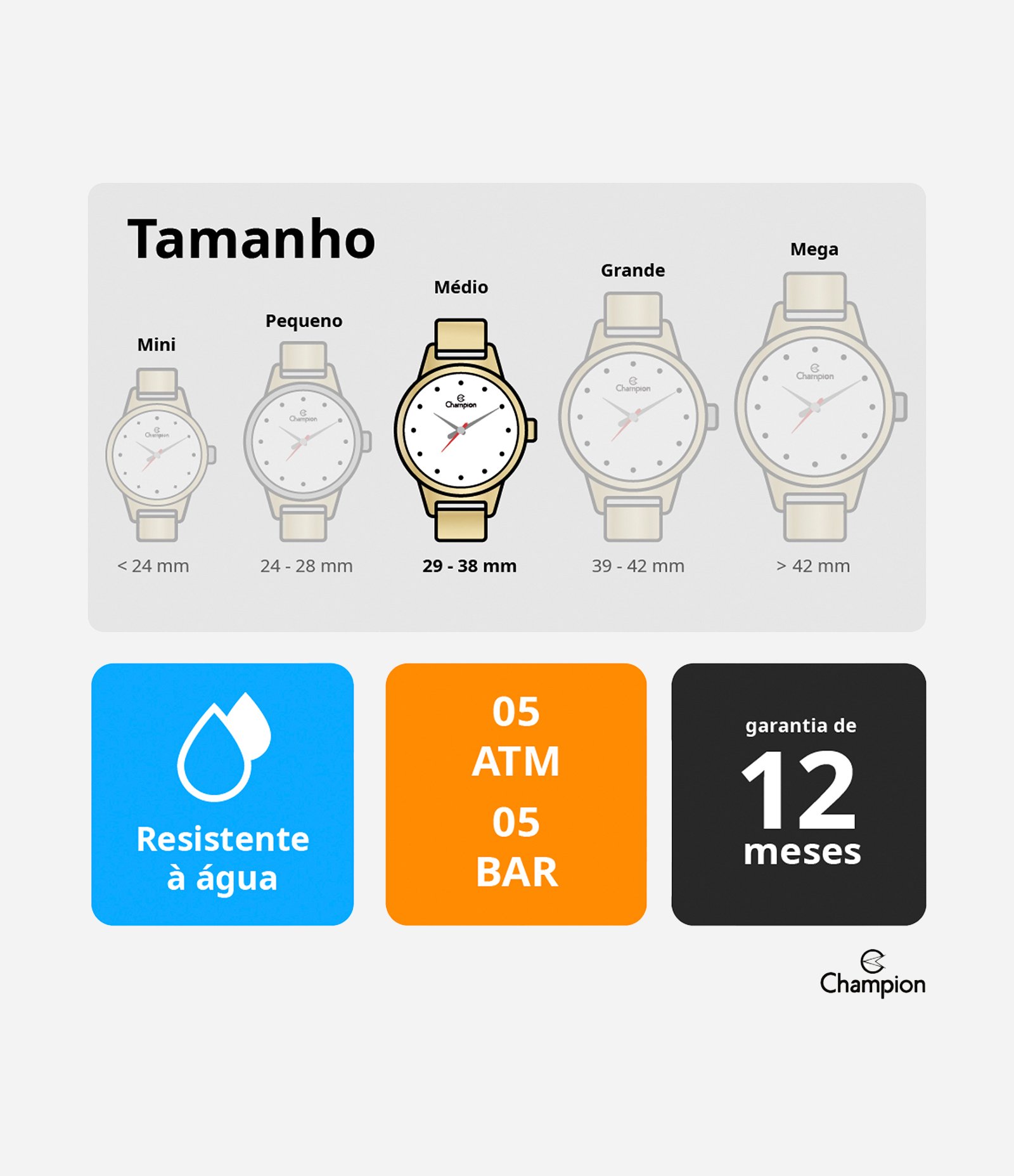 Relógio Analógico Metal e Couro Feminino Champion Preto 3