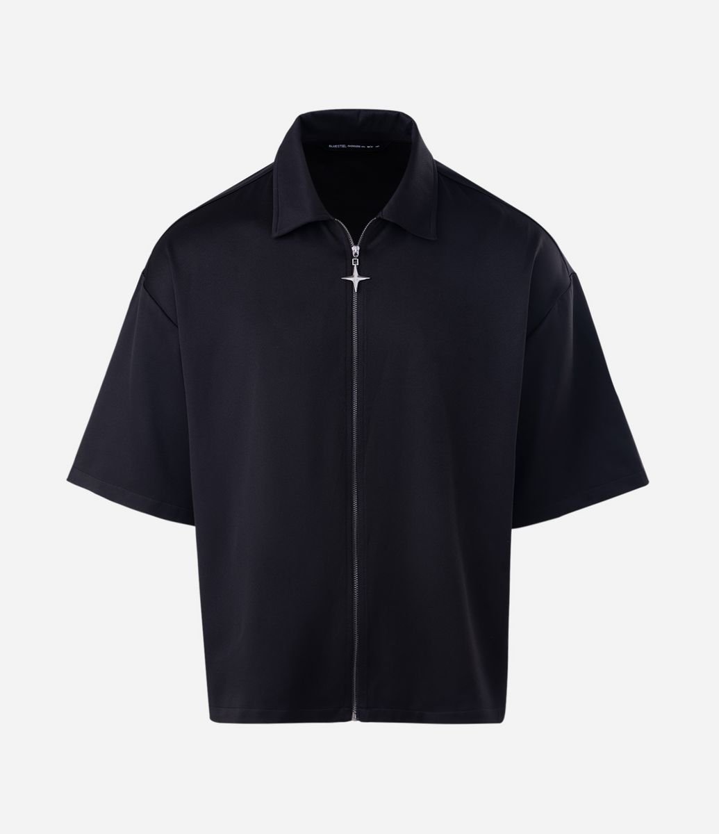 LAUNDRYTシャツ Camisa Manga Curta Lisa com Zíper de Cruz Preto