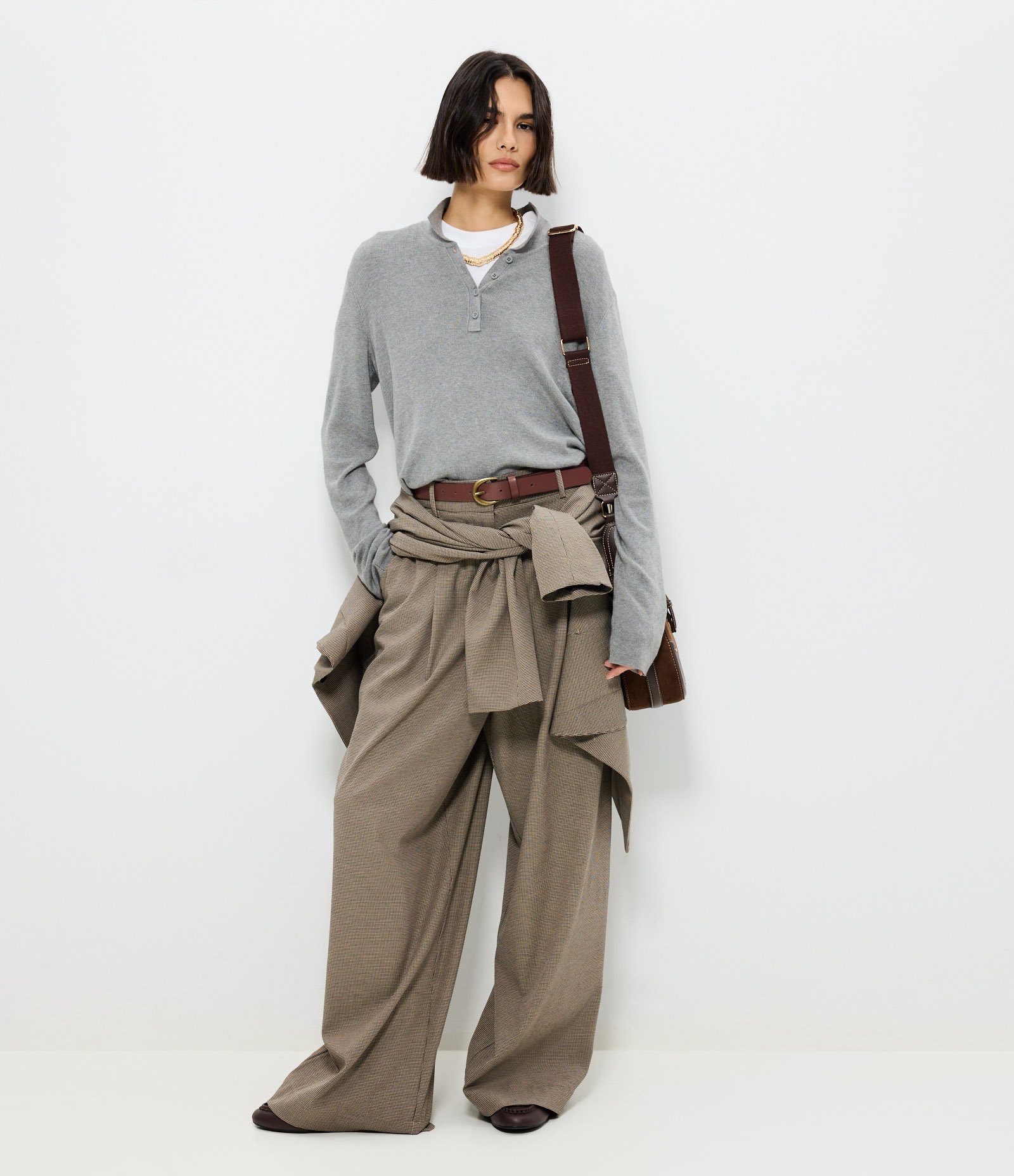 Blusa Manga Longa em Tricô com Gola Polo Cinza 1