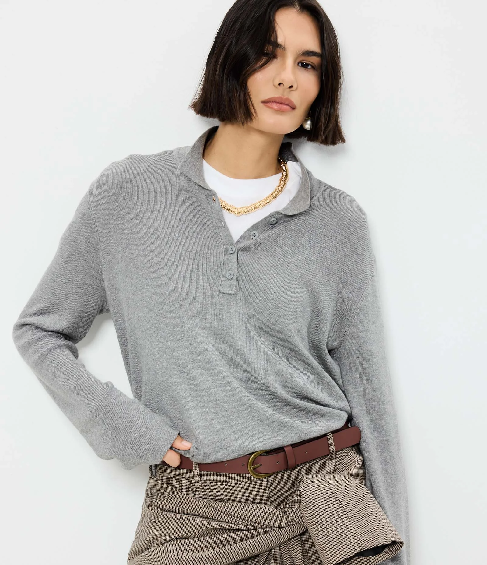 Blusa Manga Longa em Tricô com Gola Polo Cinza 2