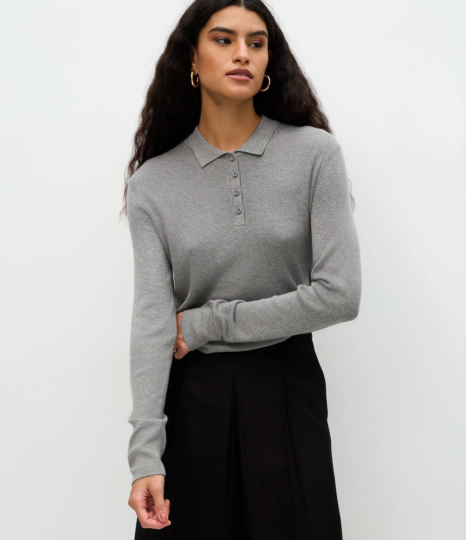 Blusa Manga Longa em Tricô com Gola Polo Cinza 1