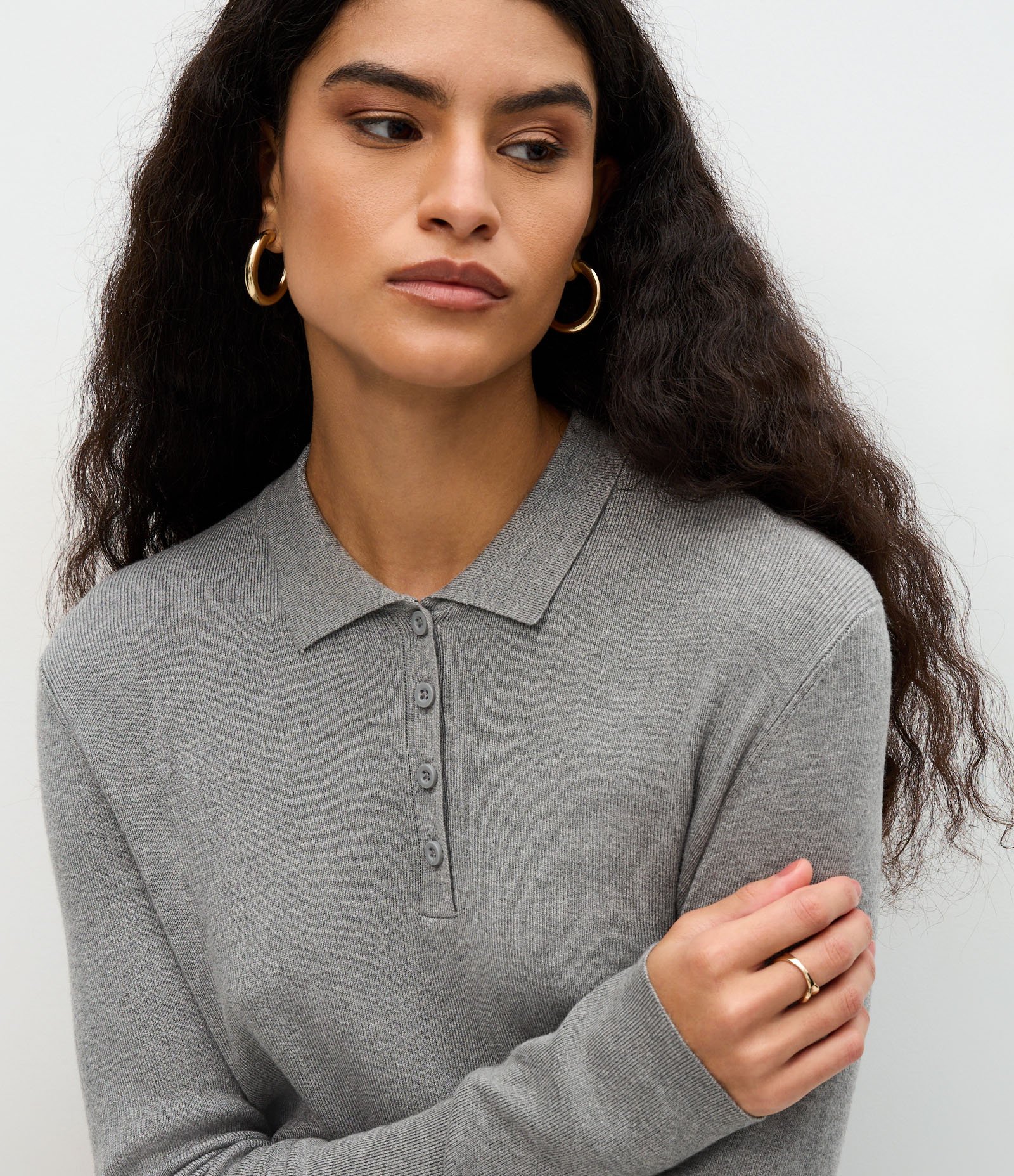 Blusa Manga Longa em Tricô com Gola Polo Cinza 3