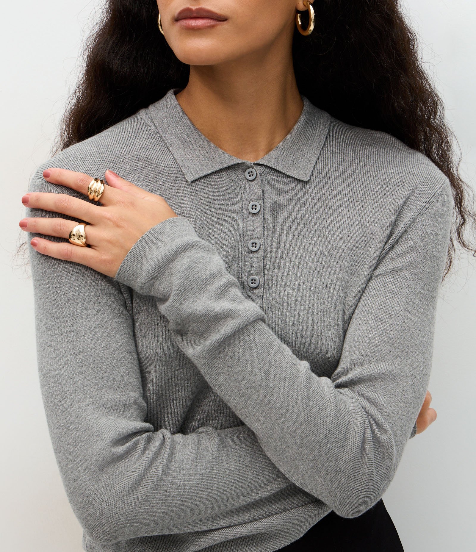 Blusa Manga Longa em Tricô com Gola Polo Cinza 4
