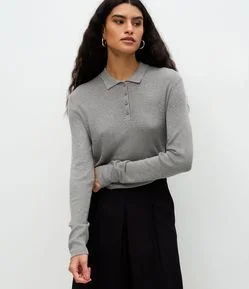 Blusa Manga Longa em Tricô com Gola Polo