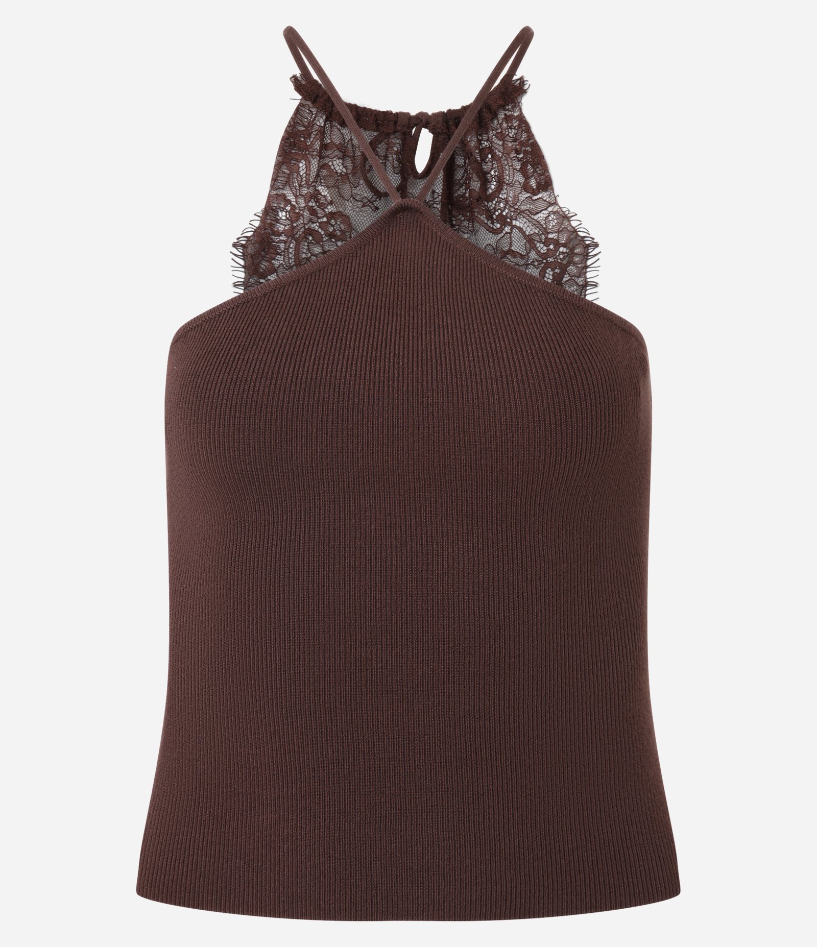 Blusa Alça fina com Decote Halter e Renda nas Costas Marrom 5