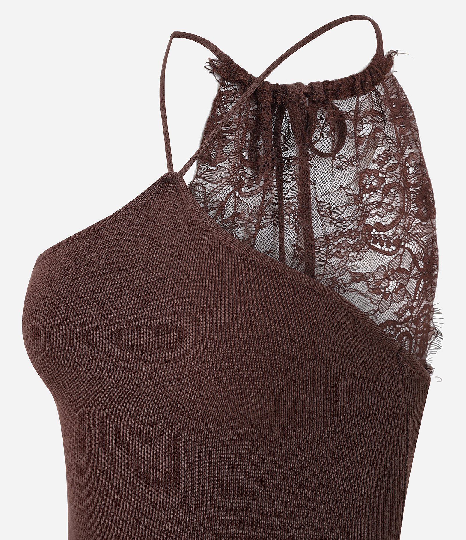 Blusa Alça fina com Decote Halter e Renda nas Costas Marrom 6