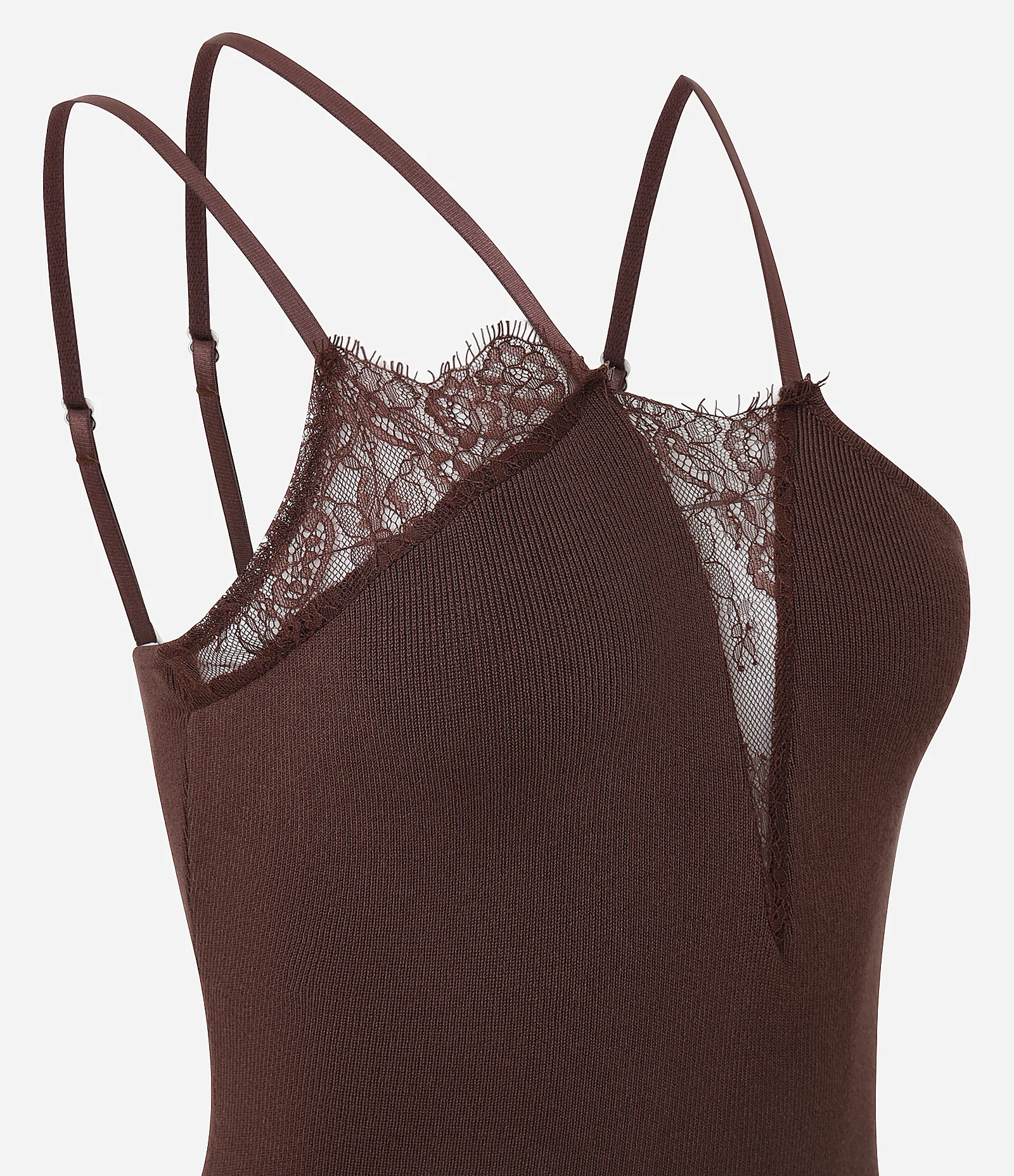 Vestido Midi com Decote Assimétrico e Detalhe em Renda Marrom 2