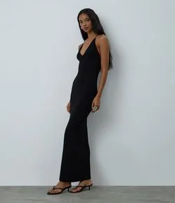 Vestido Midi em Tricô com Decote V e Renda nas Costas