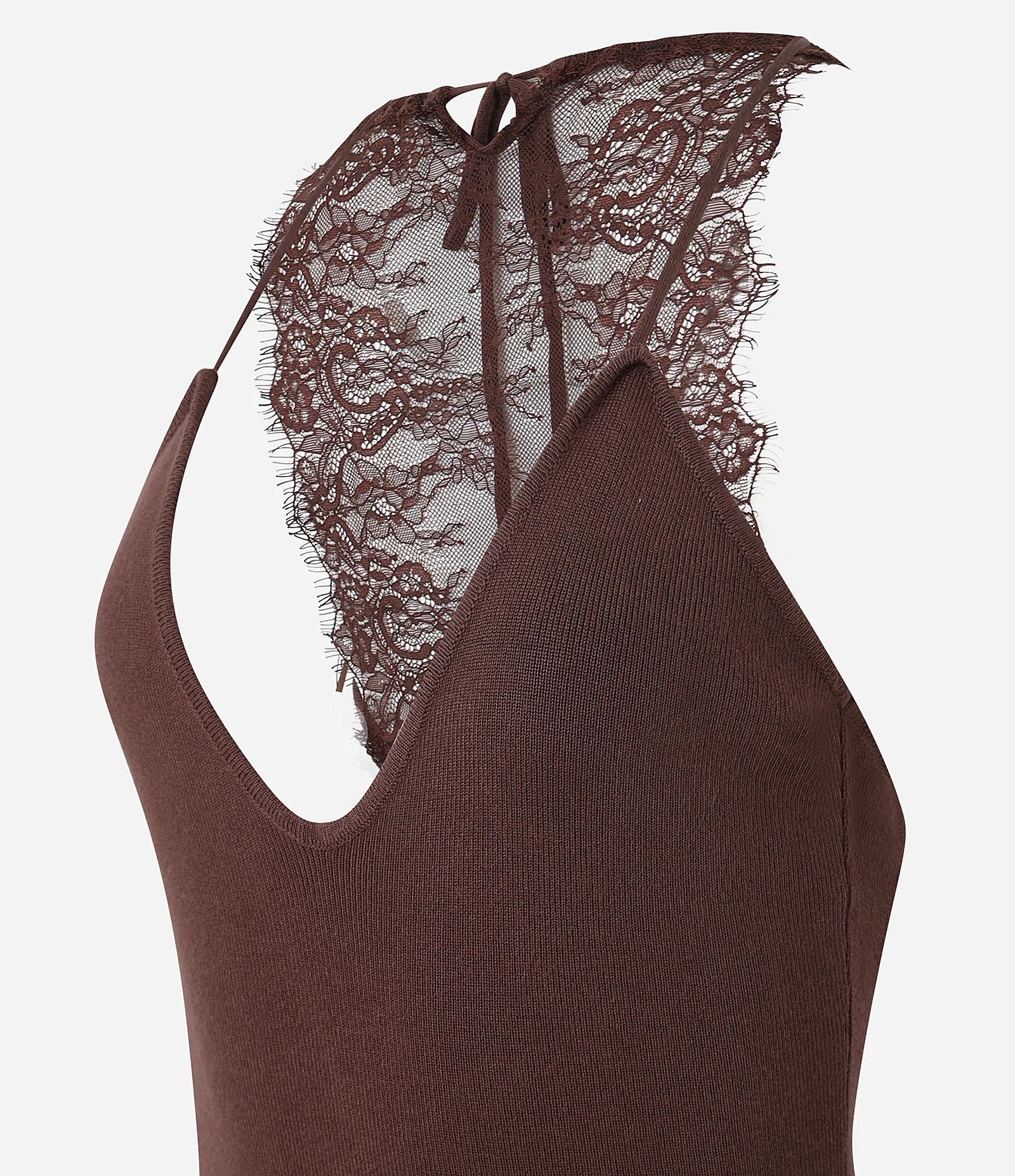 Vestido Midi em Tricô com Decote V e Renda nas Costas Marrom 2