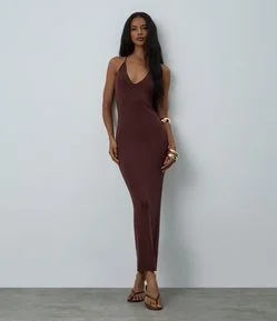 Vestido Midi em Tricô com Decote V e Renda nas Costas