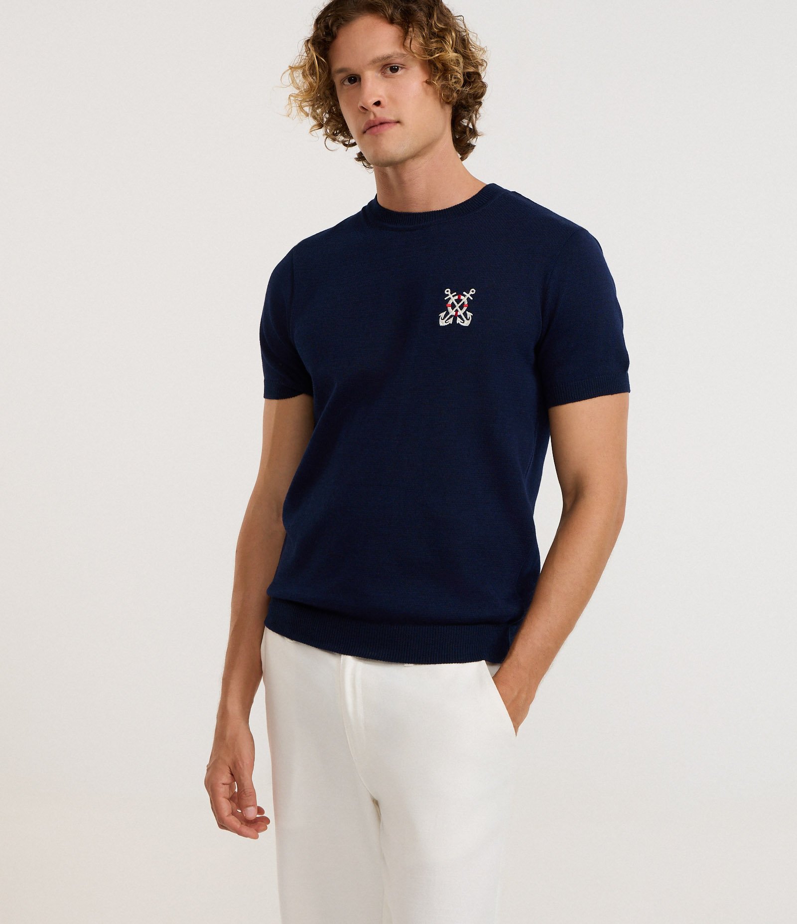 Camiseta Regular em Viscose com Estampa e Bordado Marinheiro Azul 1