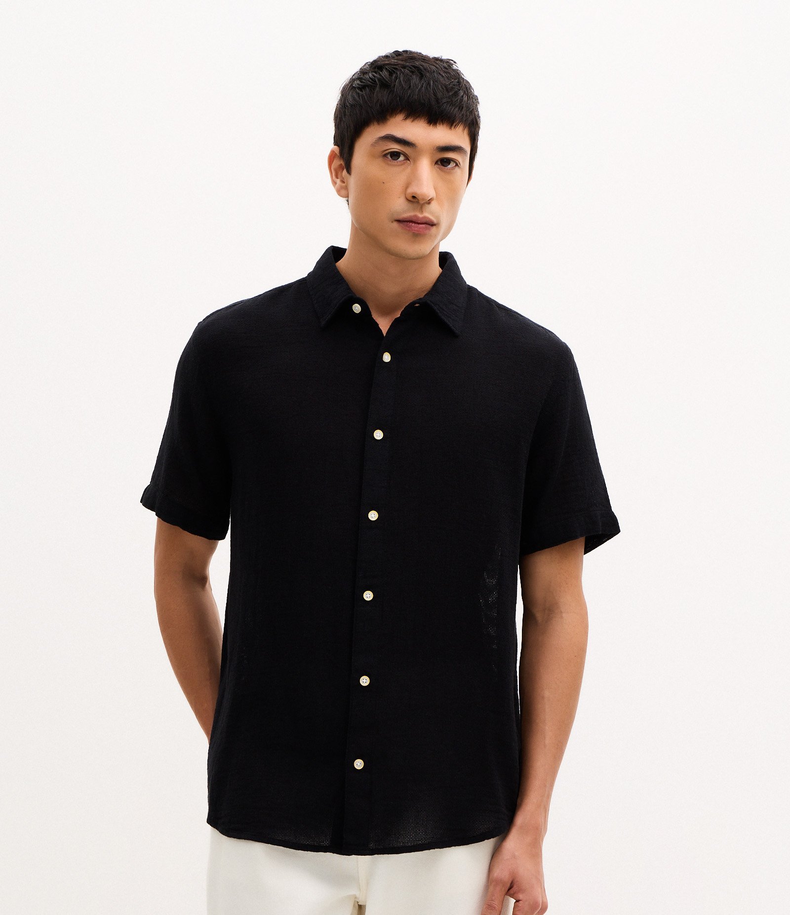 Camisa Comfort em Algodão com Textura Preto 1