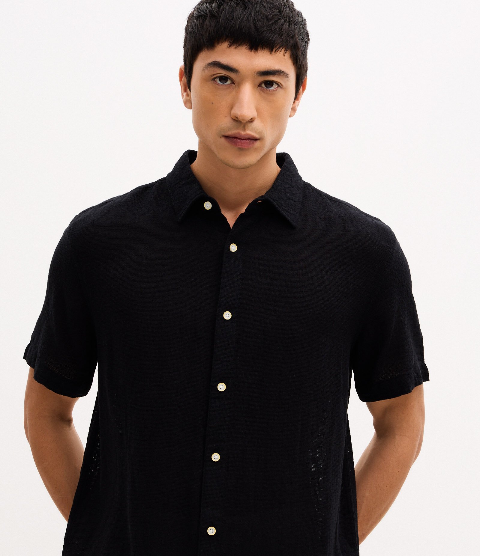Camisa Comfort em Algodão com Textura Preto 4