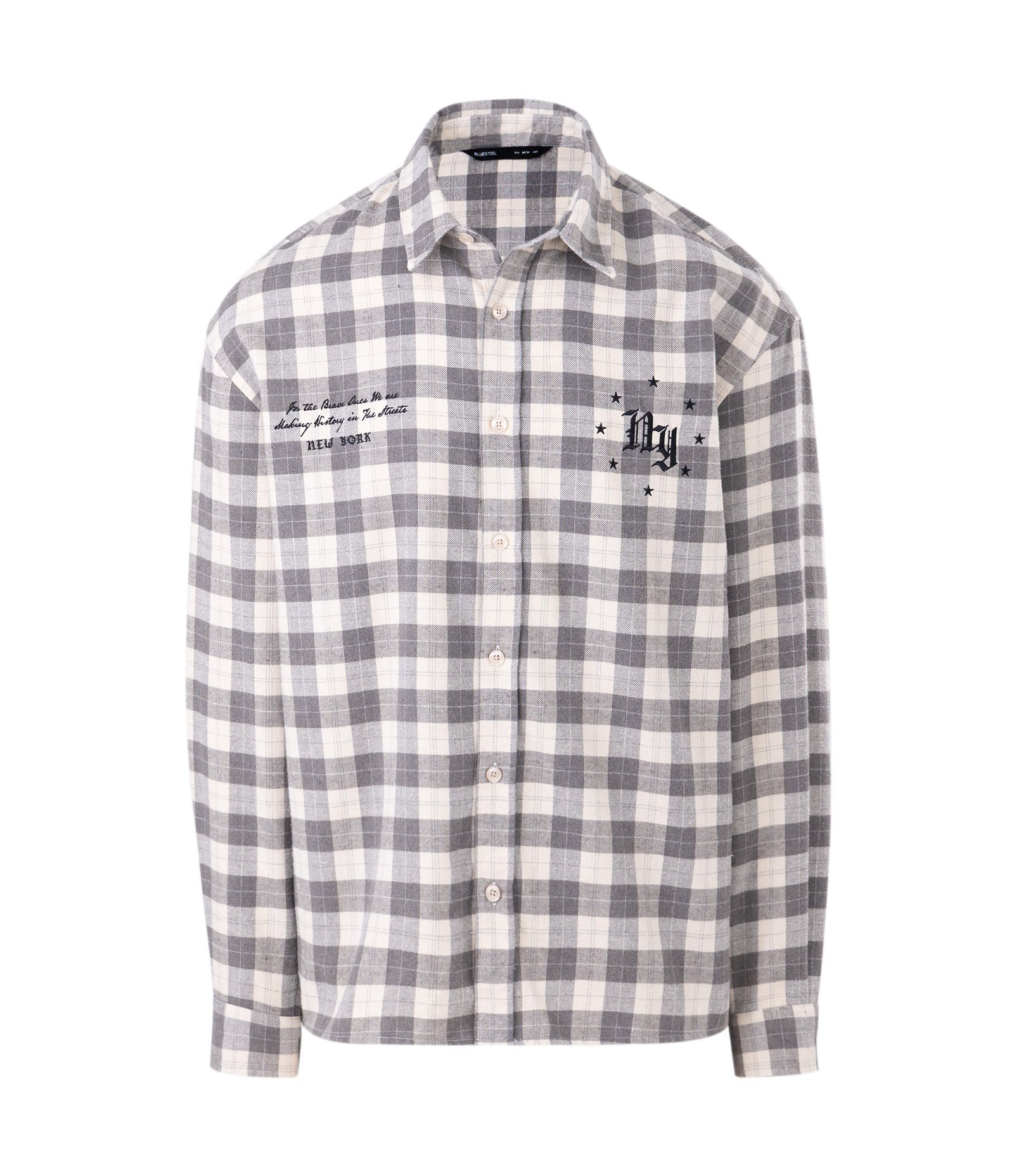 Camisa Manga Longa em Flanela Xadrez com Lettering NY Cinza 1