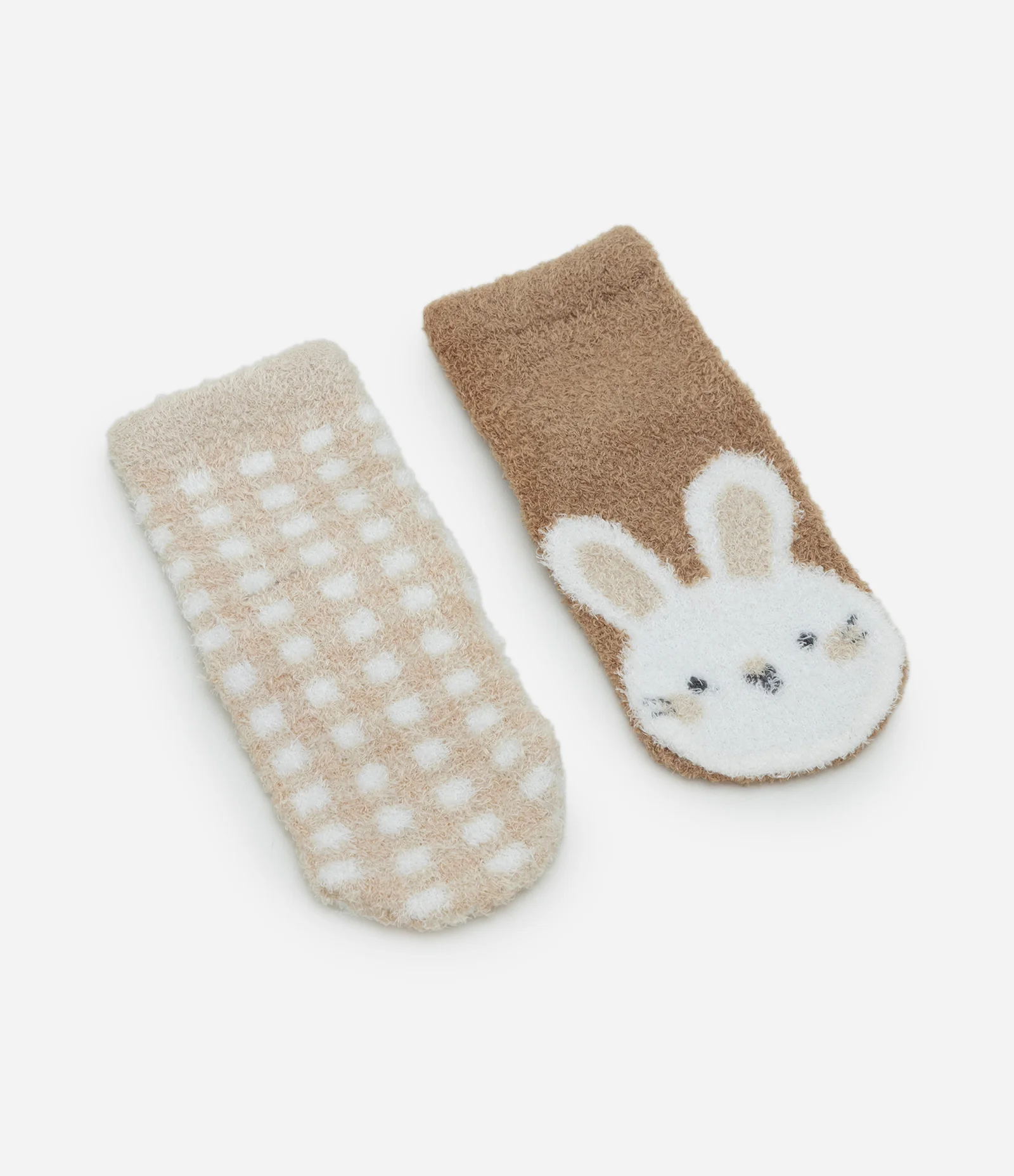 Kit 02 Pares de Meias Infantil em Chenille com Vichy e Coelhinho – Tam 0 a 12 Meses Bege/Marrom 1