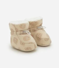 Pantufa Bota Acolchoada com Estampa de Ursinhos - Tam 0 A 12 Meses