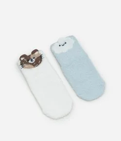 Kit 02 Meias Infantis em Chenille com Nuvem e Bichinho – Tam 0 a 12 Meses