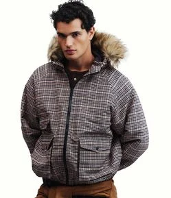 Jaqueta Masculina Pesada Xadrez com Capuz de Pelo