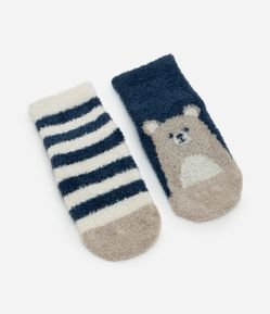 Kit 02 Meias Infantil em Chenille com Listras e Animal – Tam 0 a 12 Meses