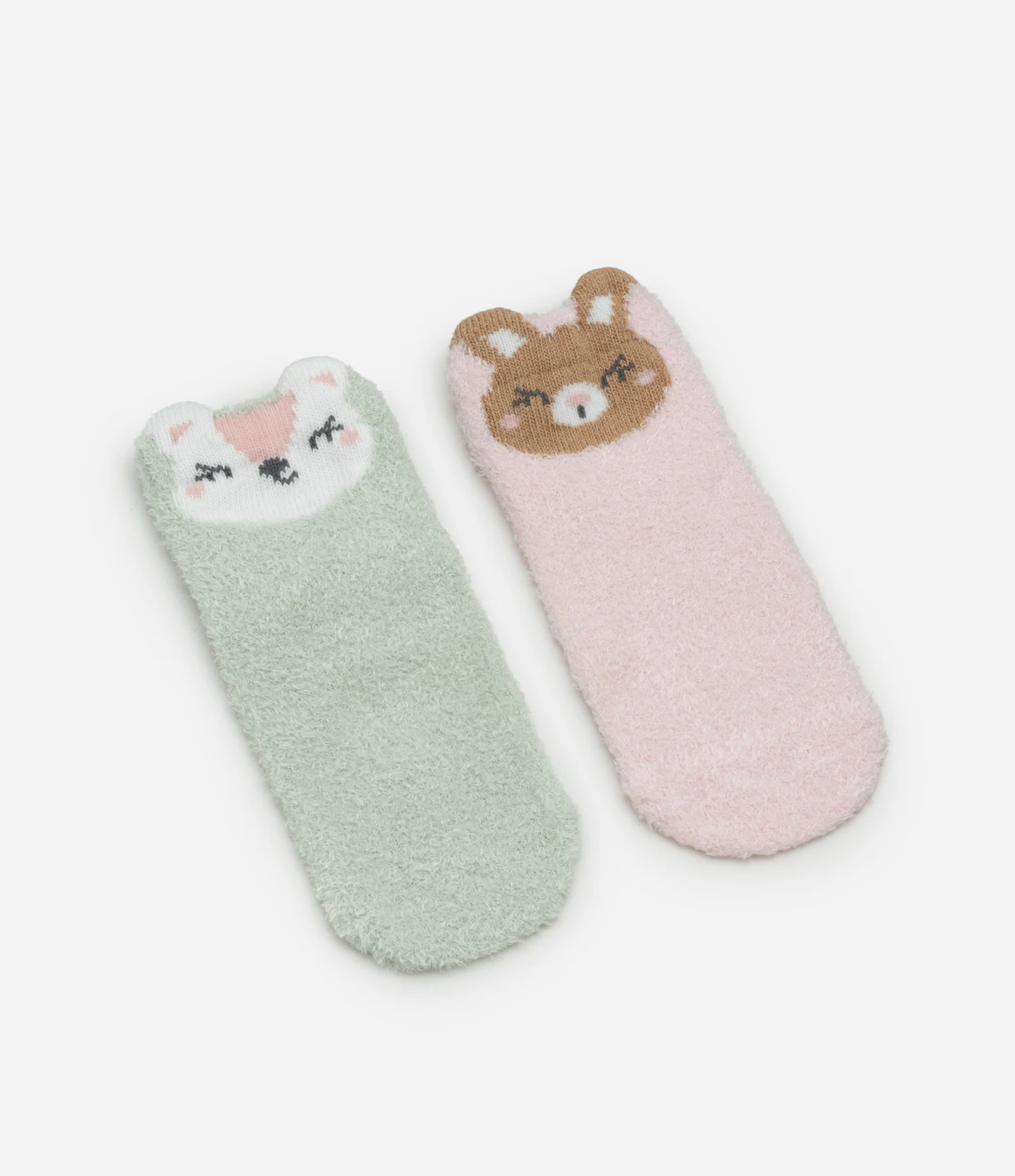 Kit 02 Meias Infantis em Chenille com Carinhas de Bichos – Tam 0 a 12 Meses Verde/Rosa 1