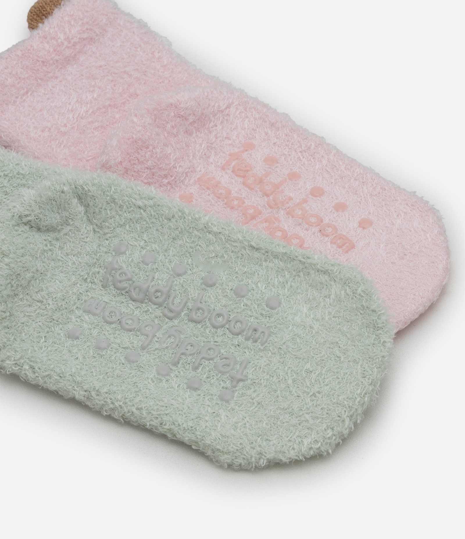 Kit 02 Meias Infantis em Chenille com Carinhas de Bichos – Tam 0 a 12 Meses Verde/Rosa 3