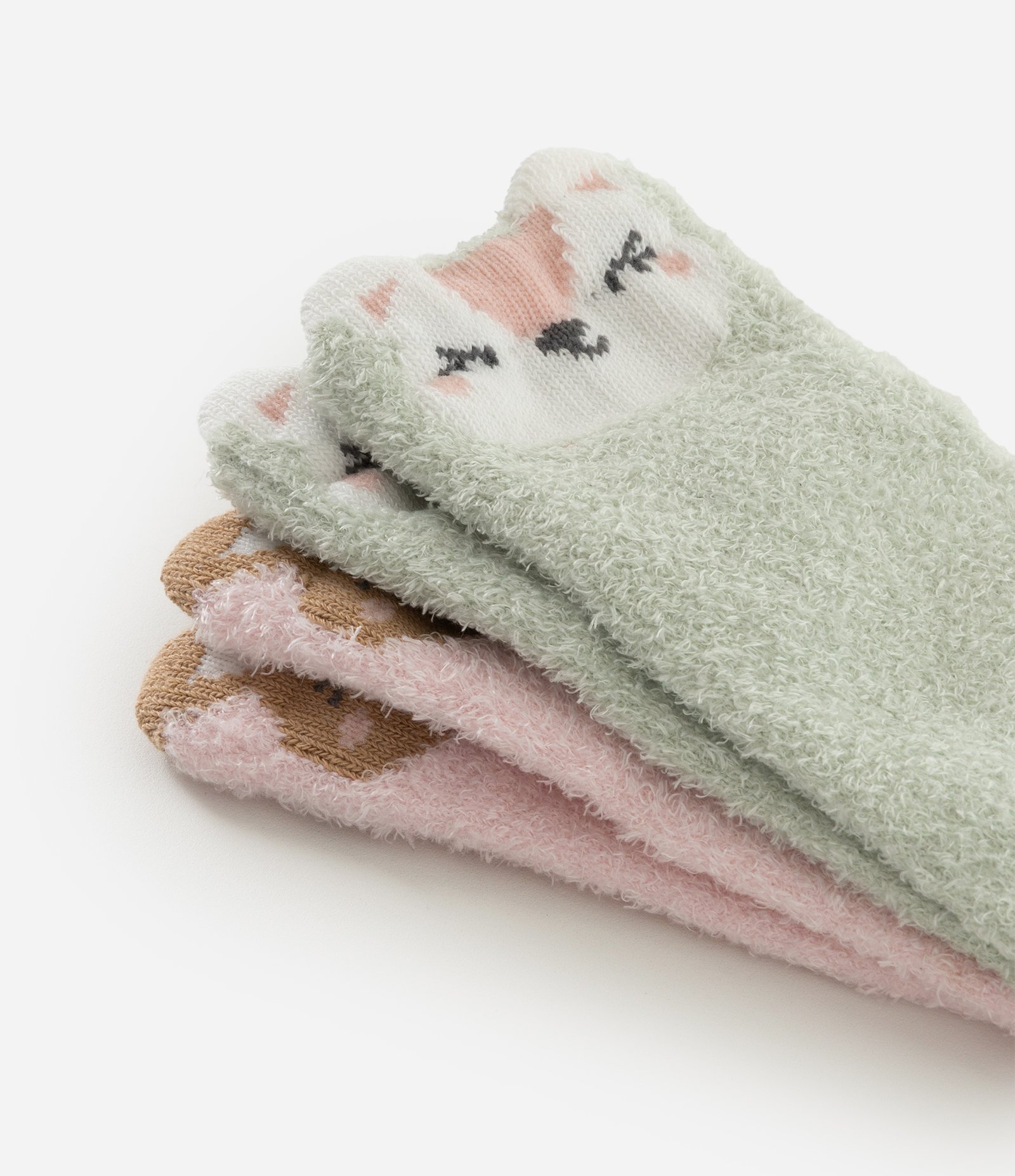 Kit 02 Meias Infantis em Chenille com Carinhas de Bichos – Tam 0 a 12 Meses Verde/Rosa 4